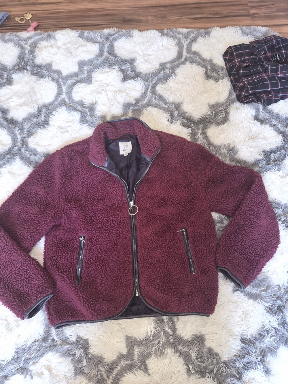 ivory ella Wine Sherpa Zip Jacket with Ring Pull